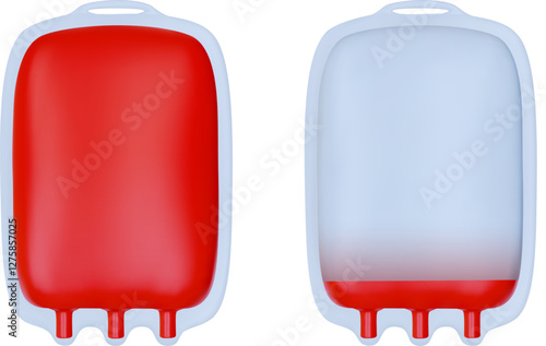 3d render blood bag or packet with red plasma in realistic glossy style. Full and empty medical container for hospital. Vector illustration.
