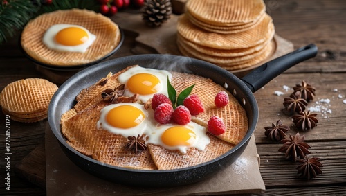 Wallpaper Mural Delicious Holiday Breakfast Featuring Wafer Eggs and Fresh Berries on Rustic Wooden Table Surrounded by Festive Decor Torontodigital.ca