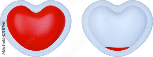 3d render blood bag or packet with red plasma in heart form. Medical full and empty container for hospital. Realistic glossy vector illustration.