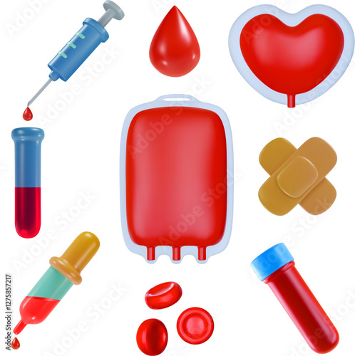 Set medical equipment for blood analyse or donation. Drop, test tube, plasma packet, cells, glass flask, plaster, syringe. 3d vector illustration.