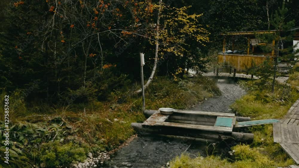 Thermal springs in autumn. Steam rises above the water, surrounded by golden and red leaves. A peaceful natural atmosphere. Thermal springs in autumn. Steam rises above the water, surrounded by golden and red leaves. A peaceful natural atmosphere.