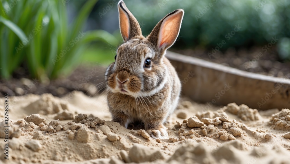 Fototapeta premium Adorable Bunny Rabbit Exploring Sandy Garden Area in Close-Up View