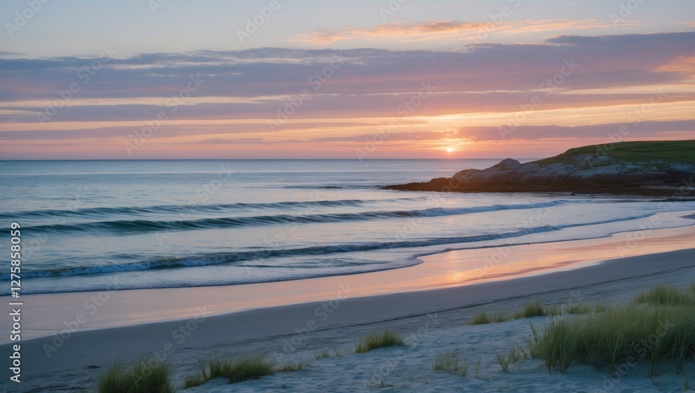 Serene Sunset Over Cuttyhunk Island Beach With Calm Waters And Soft Sands For Text Overlay Design Serene Sunset Over Cuttyhunk Island Beach With Calm Waters And Soft Sands For Text Overlay Design