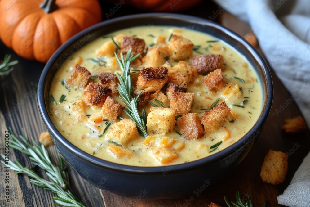 Creamy pumpkin soup topped with croutons and rosemary. Perfect for fall recipes, blogs, or food websites. Creamy pumpkin soup topped with croutons and rosemary. Perfect for fall recipes, blogs, or food websites.