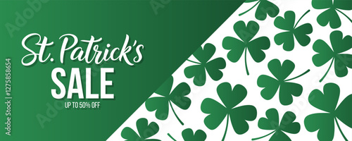 St. Patrick's Sale promotional banner for Patricks Day holiday discount shopping advertising. Hand lettering and green lucky clovers. Vector illustration.