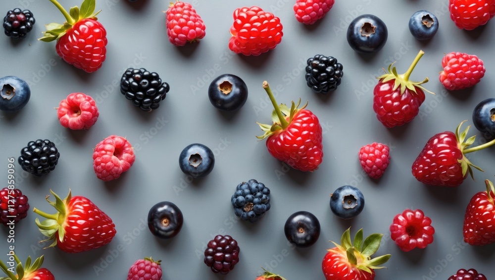 Vibrant Assortment of Fresh Berries on Grey Background with Copy Space for Text Ideal for Food Ads or Healthy Lifestyle Promotions Vibrant Assortment of Fresh Berries on Grey Background with Copy Space for Text Ideal for Food Ads or Healthy Lifestyle Promotions