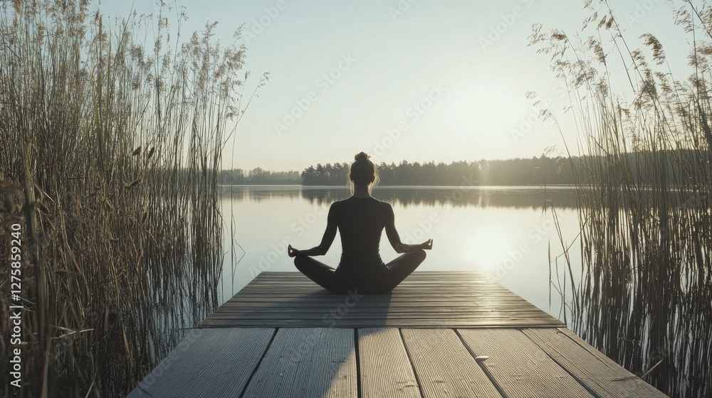 Shoulder stretch on a peaceful lake dock during a wellness retreat. Featuring mindfulness and rejuvenation