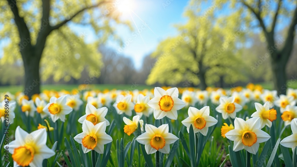 Fototapeta premium Vibrant Daffodil Flowers Blooming in a Sunny Spring Field with Lush Green Trees Perfect for Easter Celebrations and Seasonal Backgrounds