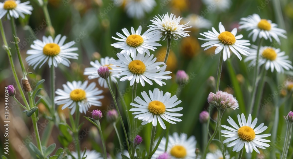 Fototapeta premium Daisy Fleabane Blooming in a Lush Field Displaying White Petals and Yellow Centers with Soft Background Blossoms