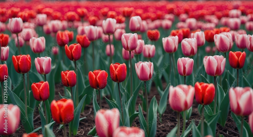 Fototapeta premium Vibrant Field of Red and Pink Tulips Bathed in Natural Light Under Clear Blue Sky