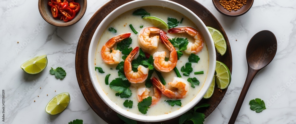 Spicy Prawn Coconut Milk Soup with Fresh Lime and Cilantro Garnish in a Bowl Surrounded by Ingredients on Marble Surface Spicy Prawn Coconut Milk Soup with Fresh Lime and Cilantro Garnish in a Bowl Surrounded by Ingredients on Marble Surface