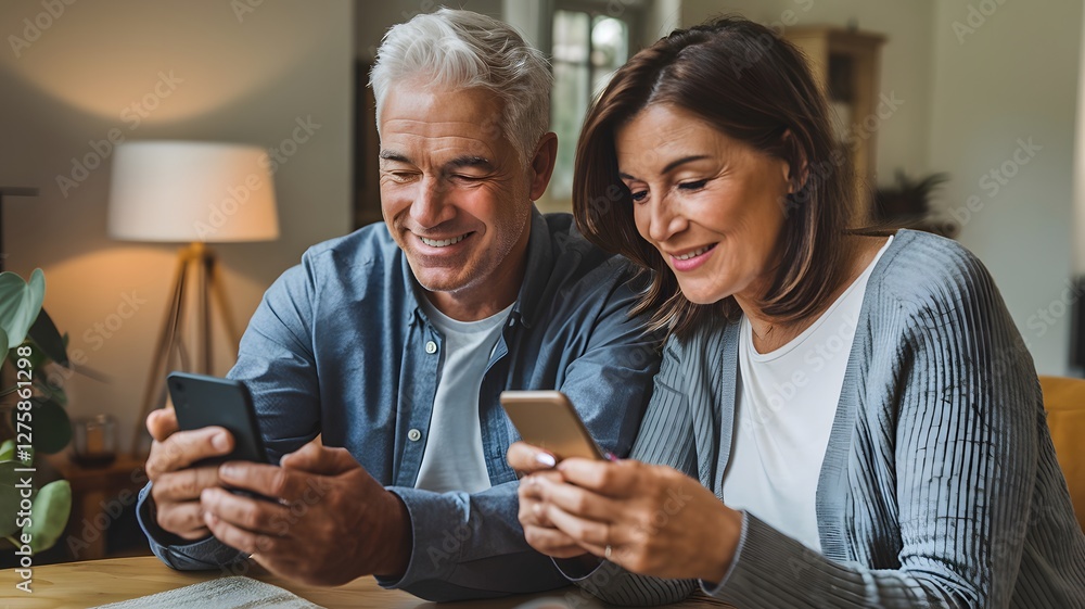 Fototapeta premium Happy Senior Couple Using Smartphones Together Modern Technology Elderly People Retirement Lifestyle Digital Communication Social Media Connection Mature Adults Smiling Technology Users Internet 