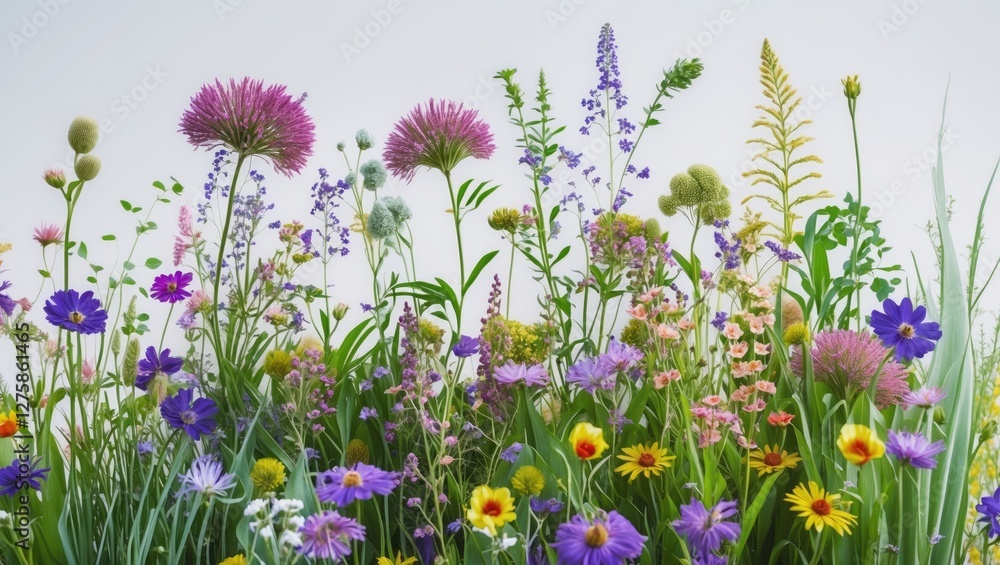 Obraz premium Vibrant Assortment of Flowering Wild Grass and Meadow Plants Isolated on White Background for Natural Aesthetic and Floral Decor