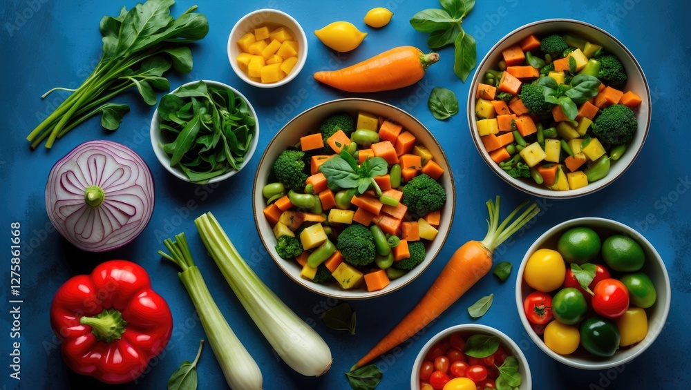 Vibrant Assortment of Fresh Vegetables and Fruits on a Blue Background in a Studio Setting Perfect for Vegetarian Cuisine and Healthy Eating Promos Vibrant Assortment of Fresh Vegetables and Fruits on a Blue Background in a Studio Setting Perfect for Vegetarian Cuisine and Healthy Eating Promos