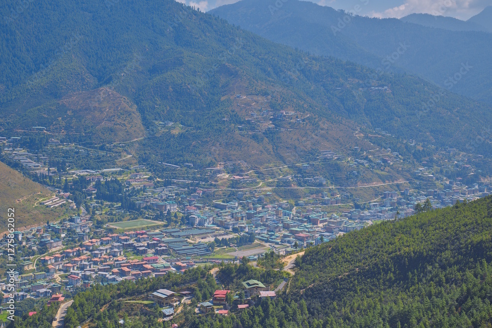 Fototapeta premium Viewpoint overlooking Thimphu City in Bhutan During Day