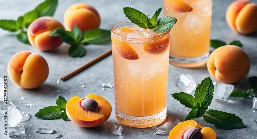 Refreshing Apricot Cocktail with Mint Garnish Served in Stylish Glasses Surrounded by Fresh Apricots and Ice on a Gray Background. Refreshing Apricot Cocktail with Mint Garnish Served in Stylish Glasses Surrounded by Fresh Apricots and Ice on a Gray Background.