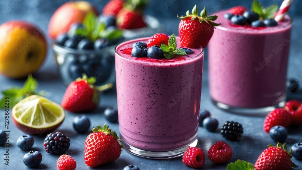 Delicious Berry Smoothie with Fresh Fruits in Vibrant Glasses on Colorful Background Delicious Berry Smoothie with Fresh Fruits in Vibrant Glasses on Colorful Background