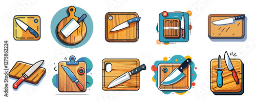 Sets icon collection of Colorful kitchen knives and cutting boards in various styles and arrangements, creating an engaging and vibrant culinary illustration