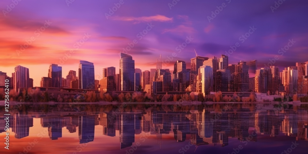 Obraz premium City skyline reflecting on water during sunset. Urban scene, for tourism
