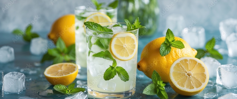 Fototapeta premium Refreshing Summer Lemonade Cocktail with Lemons Mint and Ice on Blue Surface Empty Space for Text Healthy Beverage Concept