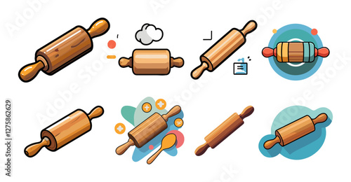 Sets icon collection of stylized illustrations of rolling pins, each with unique designs and backgrounds, highlighting their use in baking
