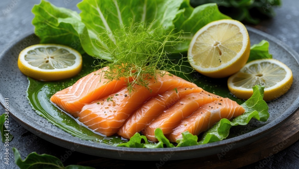 Elegant Sliced Salmon Garnished with Lemon and Fresh Lettuce on a Decorative Plate for Culinary Presentation and Gourmet Dining Experience Elegant Sliced Salmon Garnished with Lemon and Fresh Lettuce on a Decorative Plate for Culinary Presentation and Gourmet Dining Experience