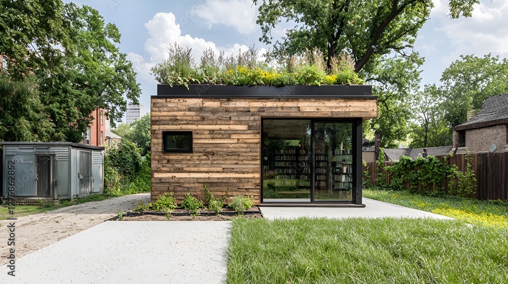 Modern Tiny House with Green Roof, Urban Backyard Modern Tiny House with Green Roof, Urban Backyard