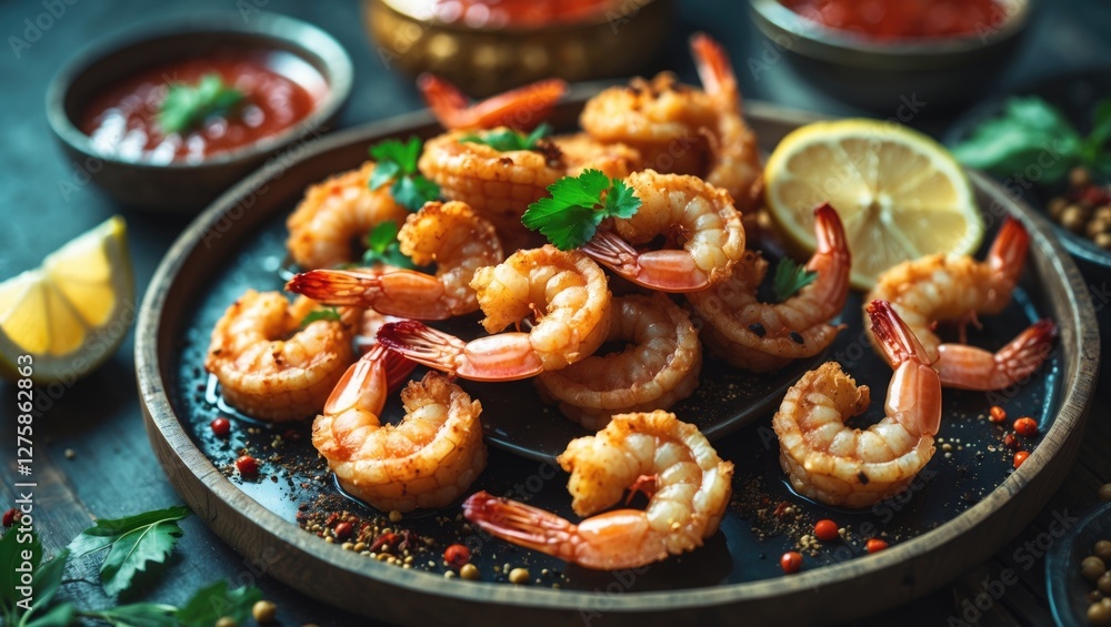 Crispy Fried Shrimp Garnished with Spices and Lemon on a Wooden Plate with Sauces in Background and Empty Space for Text Crispy Fried Shrimp Garnished with Spices and Lemon on a Wooden Plate with Sauces in Background and Empty Space for Text