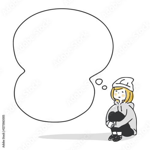 膝を抱える女性と吹き出し