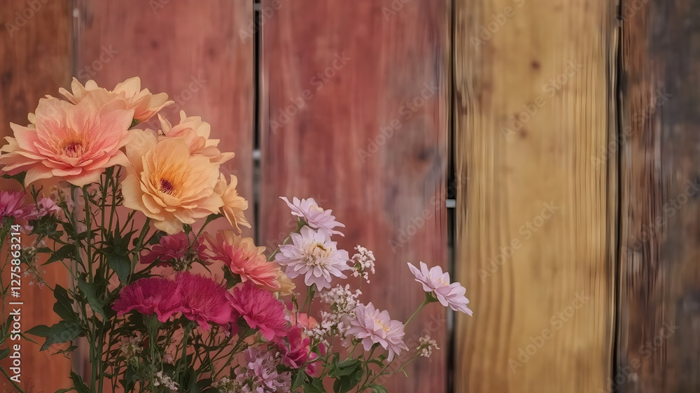 Fototapeta premium wooden background with flowers with copy space for greeting message. Love and greeting concept. AI generated image, ai