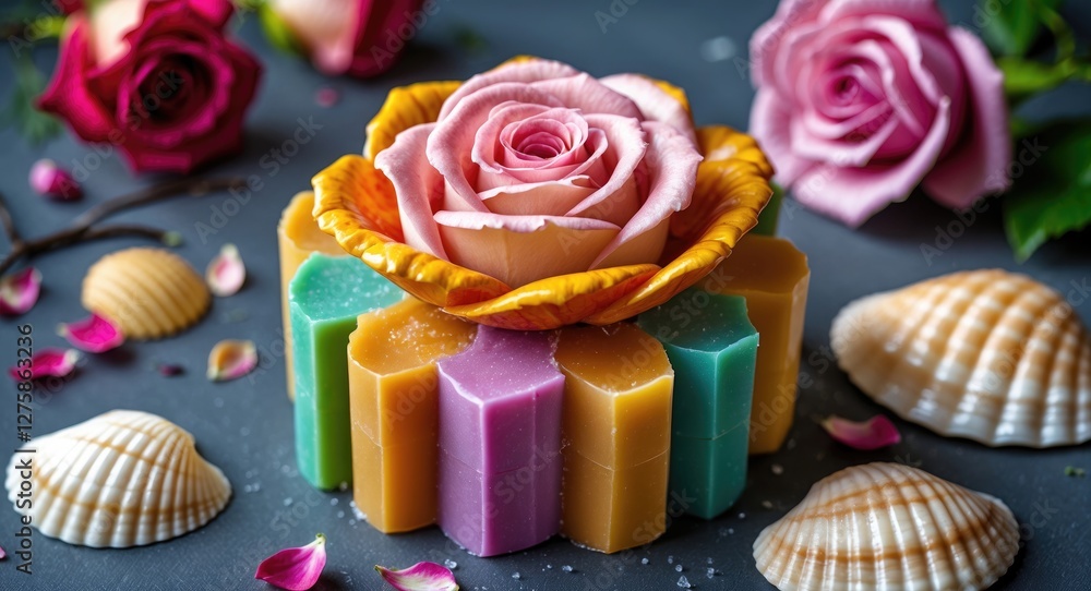 Handmade Multicolored Soap Arrangement with Roses and Seashells Perfect for Celebrations and Gifts Handmade Multicolored Soap Arrangement with Roses and Seashells Perfect for Celebrations and Gifts