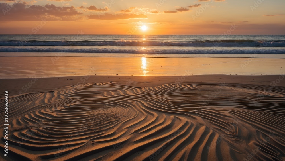 Naklejka premium Tranquil Beach Sunset With Detailed Sand Patterns Reflecting Warm Golden Light