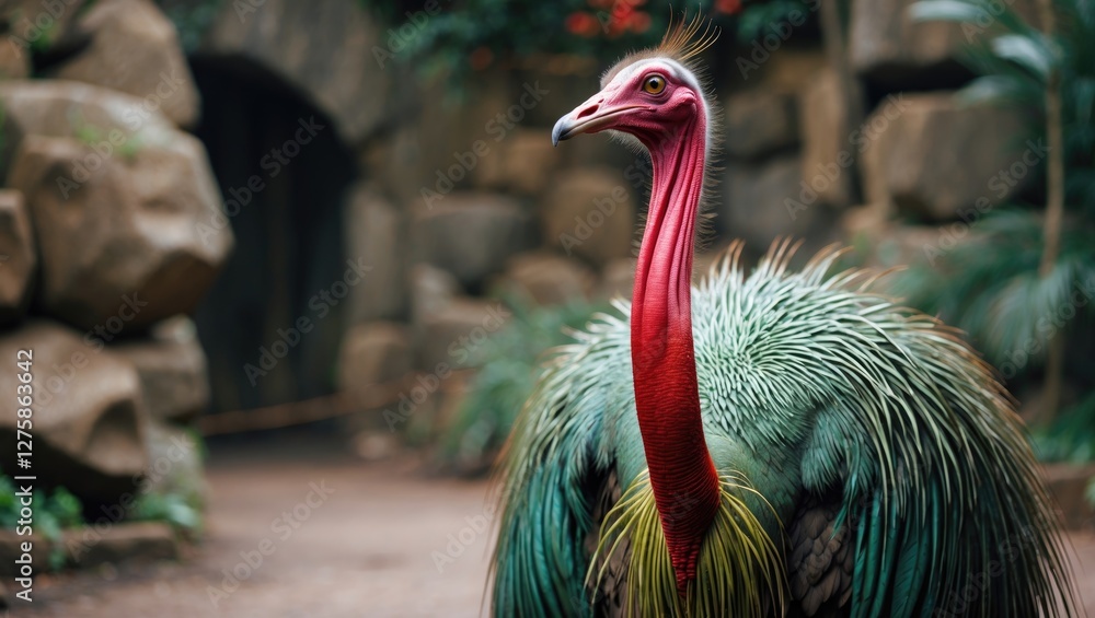 Naklejka premium Colorful Golden-Neck Cassowary with Vibrant Feathers in a Zoo Habitat Setting