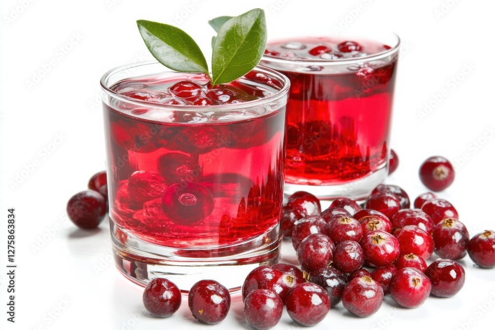 Cranberry juice served in clear glass with fresh cranberries on a white background Cranberry juice served in clear glass with fresh cranberries on a white background