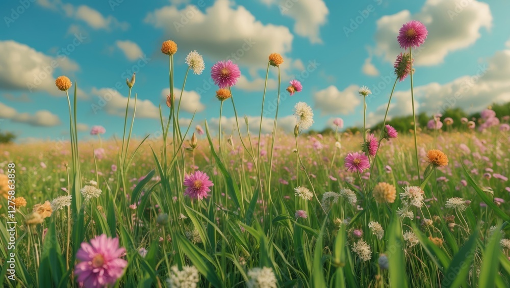 Colorful Wildflowers Blooming in a Sunny Meadow Under a Bright Blue Sky with Fluffy Clouds in Summer Colorful Wildflowers Blooming in a Sunny Meadow Under a Bright Blue Sky with Fluffy Clouds in Summer