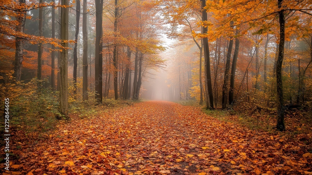 Obraz premium A serene forest path enveloped in autumn fog, showcasing vibrant orange and yellow foliage on the ground and trees.