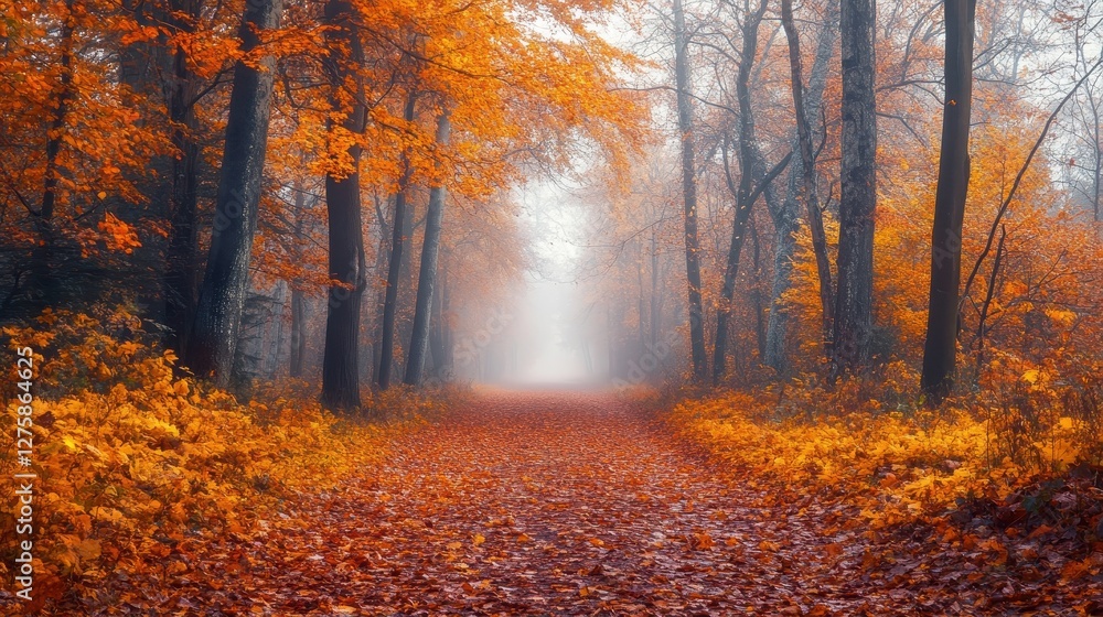 Fototapeta premium A serene autumn forest scene, featuring vibrant orange and yellow leaves blanketing a misty path, inviting tranquility and reflection.