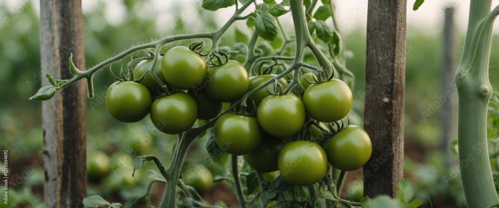Green Tomatoes Ripening on Vines in Garden, Fresh Vegetables with Copy Space for Text, Agricultural Scene in Natural Light Green Tomatoes Ripening on Vines in Garden, Fresh Vegetables with Copy Space for Text, Agricultural Scene in Natural Light