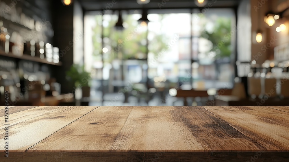 A beautiful wooden table in a cozy coffee shop, with a blurred background highlighting plants and warm lighting. A beautiful wooden table in a cozy coffee shop, with a blurred background highlighting plants and warm lighting.