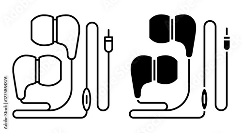 Linear icon. Wired earphones with wire and volume control. Gadget accessories for listening to music. Simple black and white vector isolated on white background
