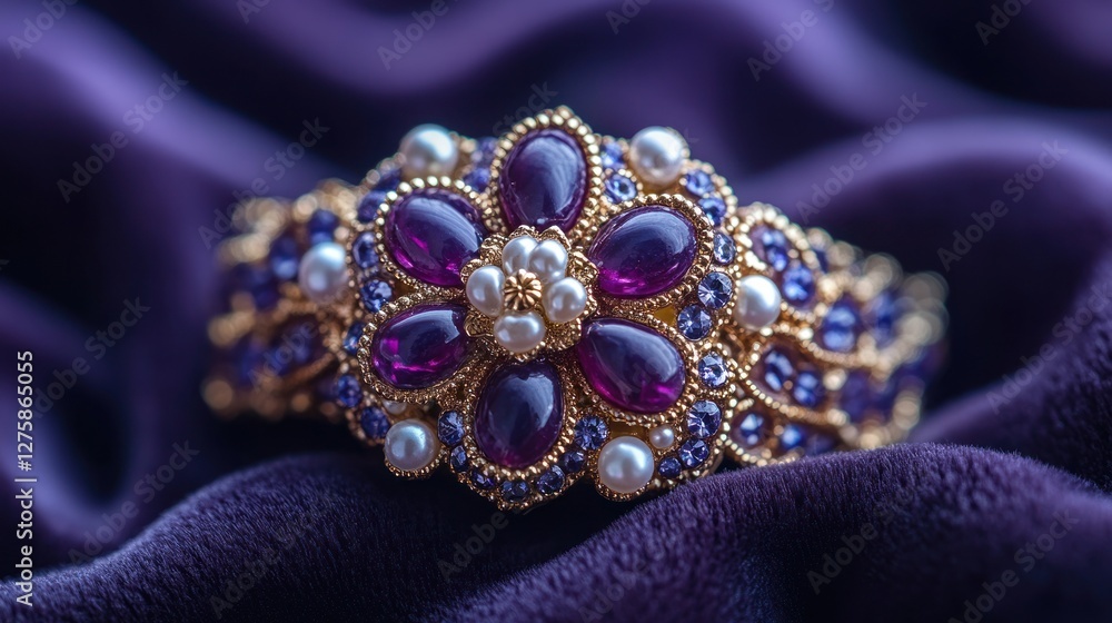 Obraz premium Amethyst floral bracelet, purple velvet, jewelry, close-up