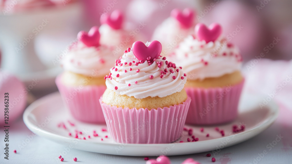 Three pink cupcakes with hearts on top of them Three pink cupcakes with hearts on top of them