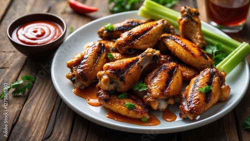 Spicy Grilled Chicken Wings Served with Dipping Sauce and Celery Sticks on White Plate with Wooden Table Background and Space for Text