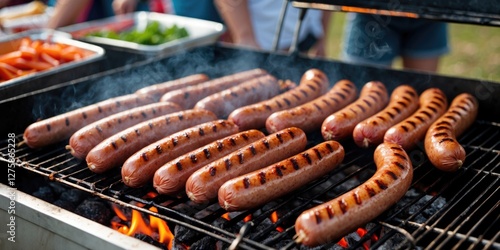 Grilling Delicious Sausages at Outdoor Festival with Smoke and Vegetables in Background Ideal for Food and Summer Event Promotions photo