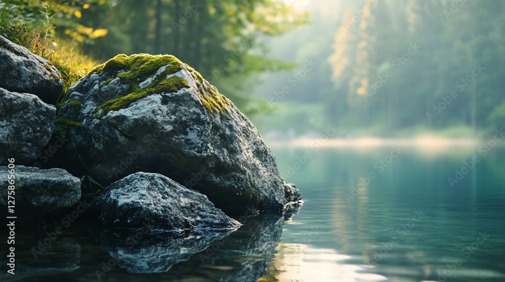 Fototapeta premium Mossy rocks by calm lake, sunrise forest background, nature serenity