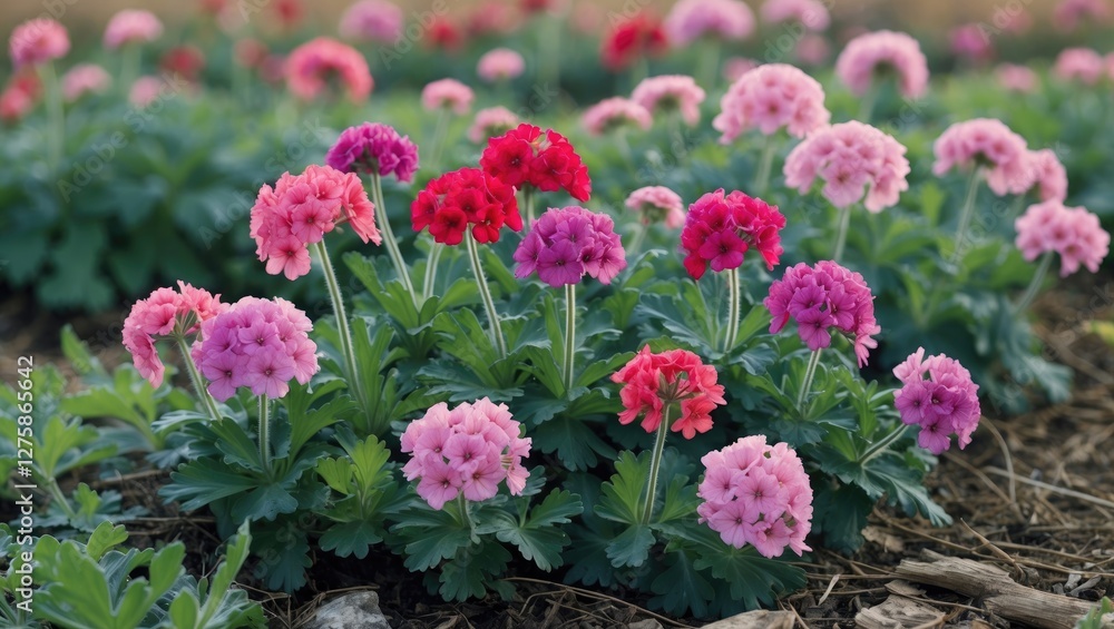 Colorful Hardy Geraniums Blooming on a Field with Lush Green Foliage and Blank Space for Text Overlay Colorful Hardy Geraniums Blooming on a Field with Lush Green Foliage and Blank Space for Text Overlay