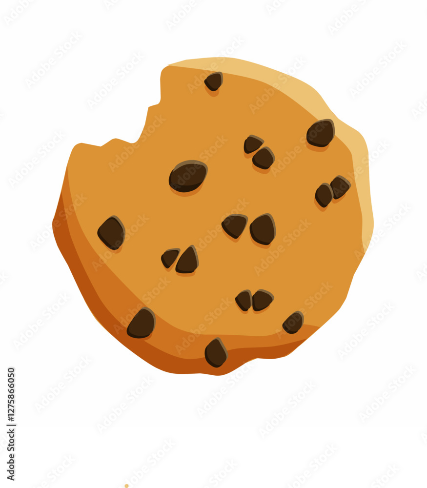 Fototapeta premium Illustration of a bitten choco chip cookie, can be used for illustrations in children's books or design compositions in the cake business, a simple flat vector design.