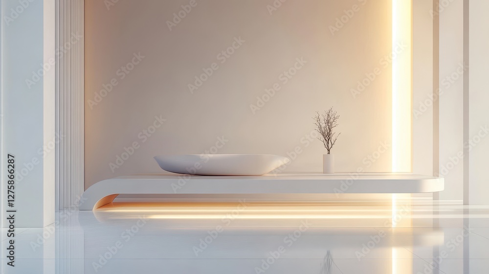 Fototapeta premium A serene and minimalist bathroom with soft lighting highlighting a modern white basin and a decorative plant in a sleek vase.