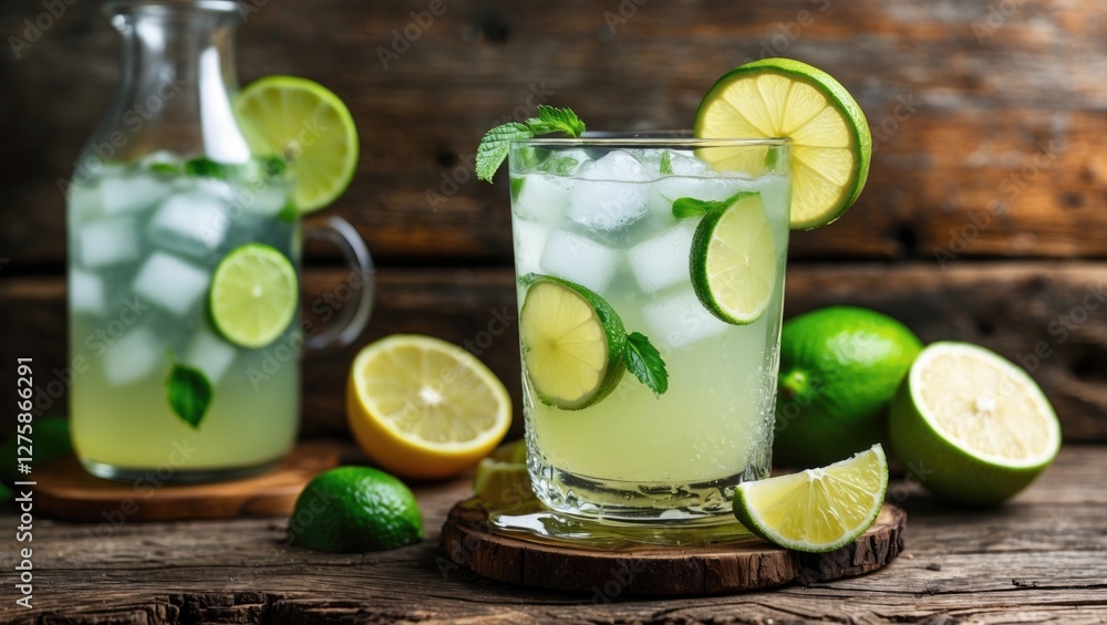 Fototapeta premium Refreshing Homemade Lemonade With Fresh Lime Slices In Glass And Pitcher On Rustic Wooden Background