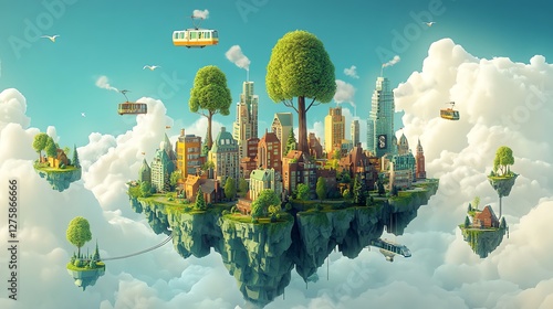 Fototapeta Naklejka Na Ścianę i Meble -  Fantasy Floating Cityscape with Cable Cars and Lush Greenery in Sky
